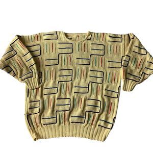 Vintage 80s Abstract Art Knit Sweater Handmade Heavy Geometric Pullover L
